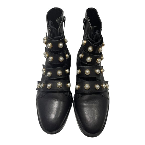 Zara Trafaluc Pearl Strap Lace Up Faux Leather Combat Ankle Boots Black … - Picture 9 of 14